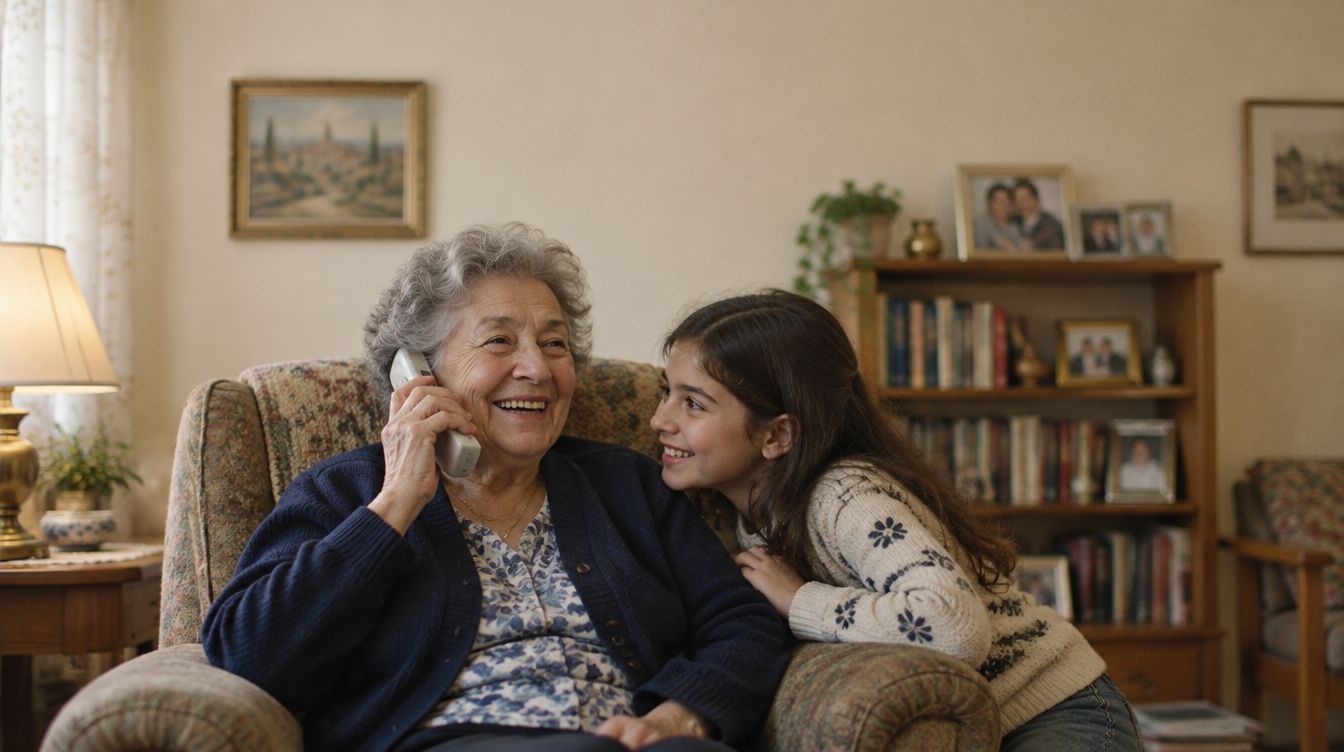 סבתא צוחקת בטלפון ונכדתה רוכנת אליה להקשיב.